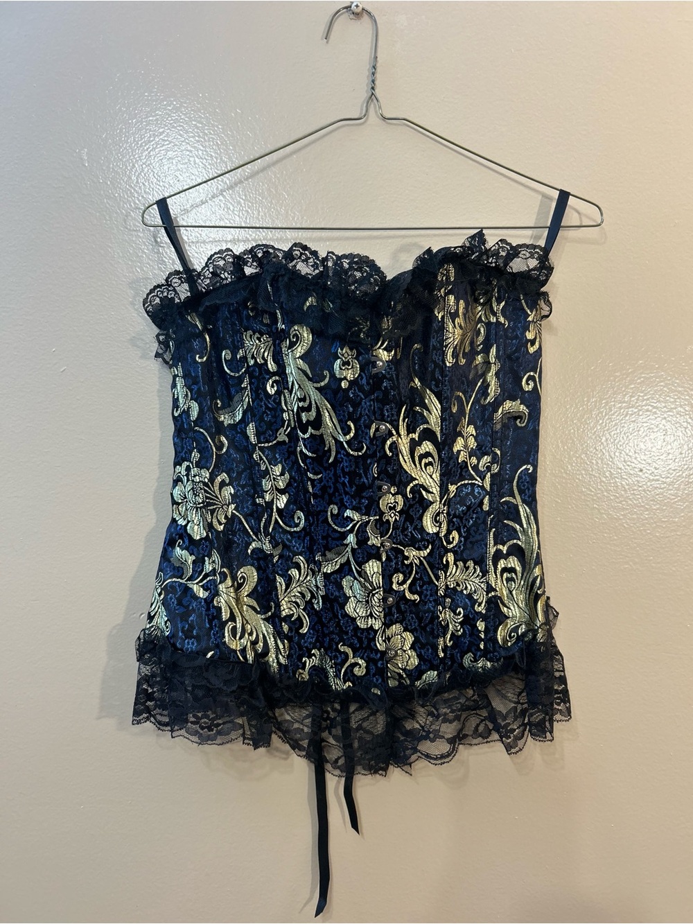 Gold Floral Brocade Lace-Trim Blue Corset